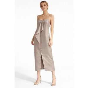 NEW Champagne Satin Midi Dress Draped Ruffle Slip Cocktail Evening Size 14